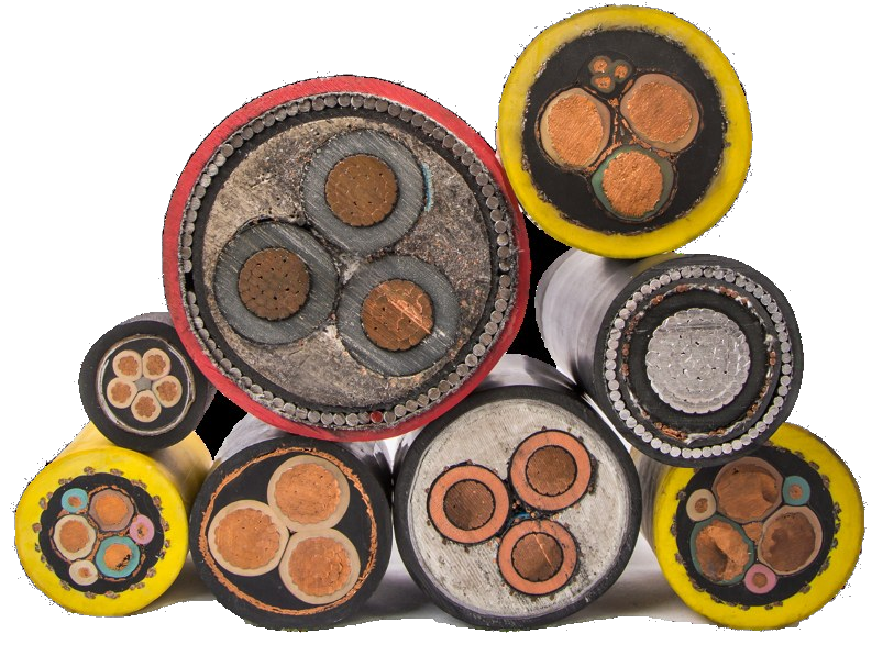 Cut sections of low-voltage, armoured and medium-voltage cables